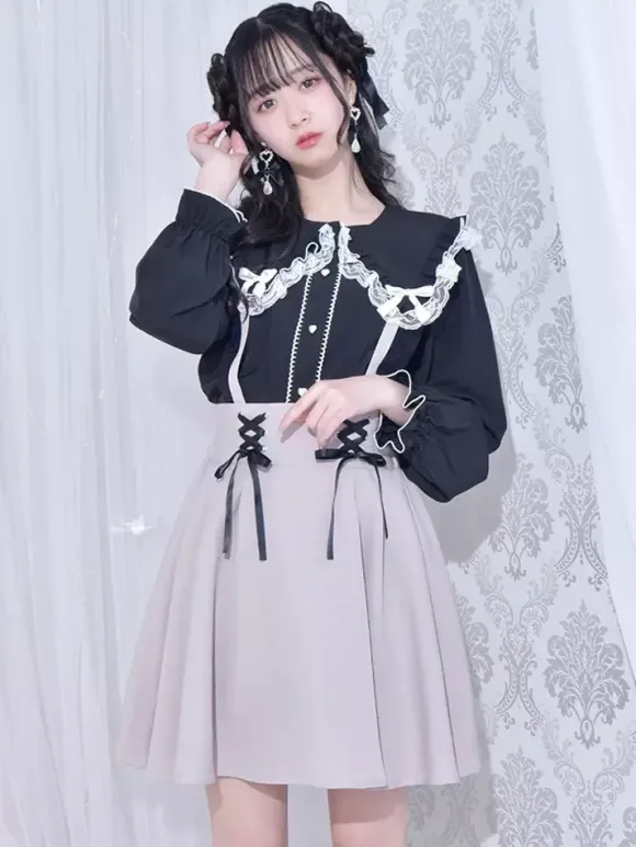 Chemisiers gothiques Lolita haut Lolita blanc à manches longues n艙uds en dentelle chemise Lolita à blocs de couleurs