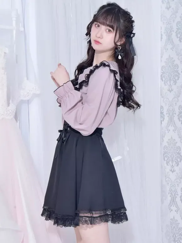Chemisiers gothiques Lolita haut Lolita blanc à manches longues n艙uds en dentelle chemise Lolita à blocs de couleurs