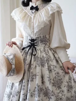 Chemisiers gothiques Lolita à volants et manches longues en dentelle haut Lolita en dentelle écru et blanc
