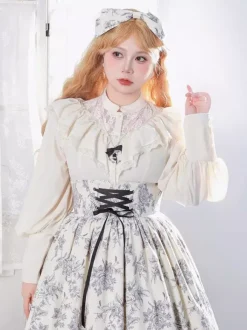 Chemisiers gothiques Lolita à volants et manches longues en dentelle haut Lolita en dentelle écru et blanc