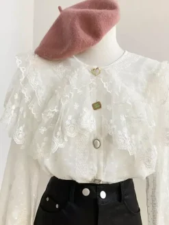 Chemisiers Lolita académiques haut Lolita chemisier à manches longues en dentelle à volants chemise Lolita blanche