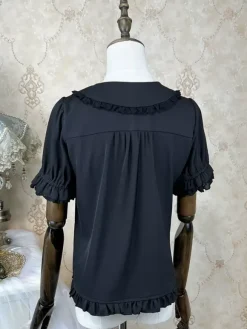 Chemisiers Lolita académiques noirs à manches courtes et volants en dentelle haut Lolita