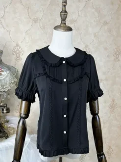 Chemisiers Lolita académiques noirs à manches courtes et volants en dentelle haut Lolita