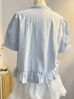 Chemisiers Lolita doux à volants et n艙uds chemisier à manches courtes haut Lolita chemise Lolita bleu ciel clair
