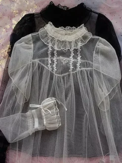 Chemisiers Lolita doux haut Lolita noir à manches longues n艙uds et volants chemise Lolita