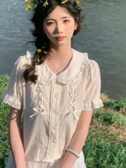 Chemisiers Lolita doux Haut Lolita Écru Blanc Manches courtes N艙uds Volants Chemise Lolita