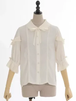 Chemisiers Lolita doux Haut Lolita N艙uds Volants Chemisier à manches mi-longues Chemise Lolita blanche
