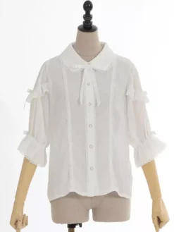Chemisiers Lolita doux Haut Lolita N艙uds Volants Chemisier à manches mi-longues Chemise Lolita blanche