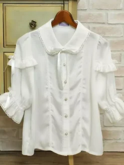 Chemisiers Lolita doux Haut Lolita N艙uds Volants Chemisier à manches mi-longues Chemise Lolita blanche