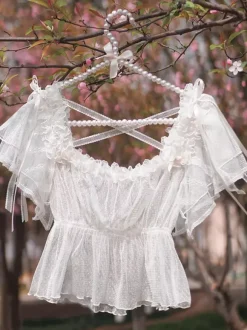 Chemisiers Lolita doux haut Lolita blanc à manches courtes n艙uds et volants chemise Lolita