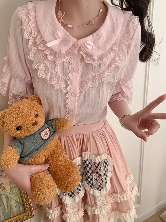 Chemisiers Lolita doux n艙uds en dentelle haut Lolita à manches courtes chemise Lolita noire en dentelle