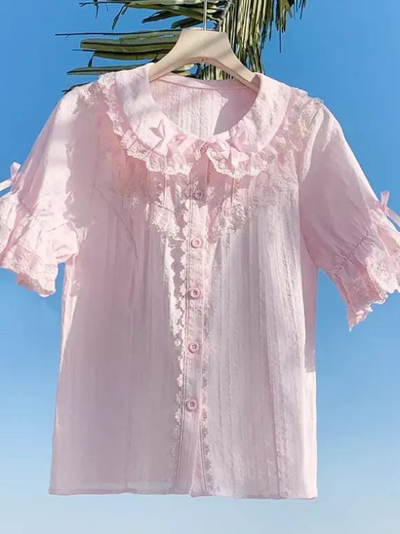 Chemisiers Lolita doux n艙uds en dentelle haut Lolita à manches courtes chemise Lolita noire en dentelle