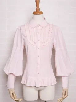 Chemisiers Lolita doux Volants Dentelle Manches longues Haut Lolita rose Chemise Lolita
