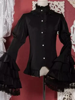 Chemisiers gothiques Lolita Haut Lolita blanc Manches longues Volants Dentelle Lolita Chemise
