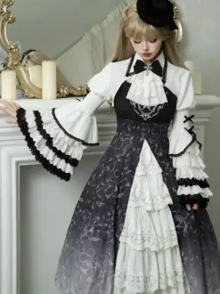 Chemisiers gothiques Lolita Haut Lolita Blanc Manches longues Volants Dentelle Chemise Lolita