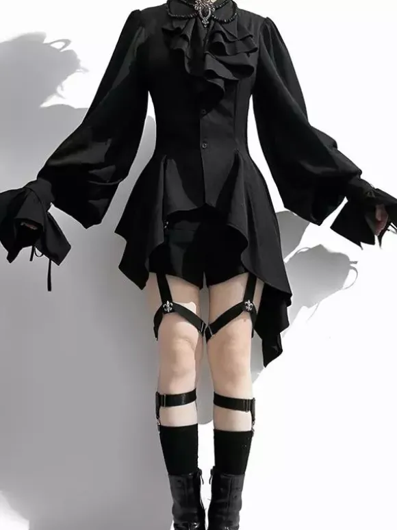 Chemisiers gothiques Ouji Prince Lolita chemises noires à manches longues et volants chemise Lolita
