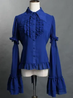Chemisiers Gothiques Top Lolita Chemise À Manches Longues À Volants Lolita Bleue