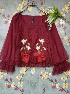 Chemisiers Lolita classiques Infanta Bows Lace Long Sleeves Lolita Top Top Floral Print Blue Grey Lolita Shirt
