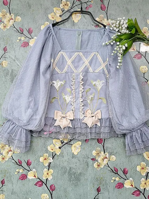 Chemisiers Lolita classiques Infanta Bows Lace Long Sleeves Lolita Top Top Floral Print Blue Grey Lolita Shirt