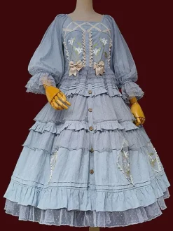 Chemisiers Lolita classiques Infanta Bows Lace Long Sleeves Lolita Top Top Floral Print Blue Grey Lolita Shirt