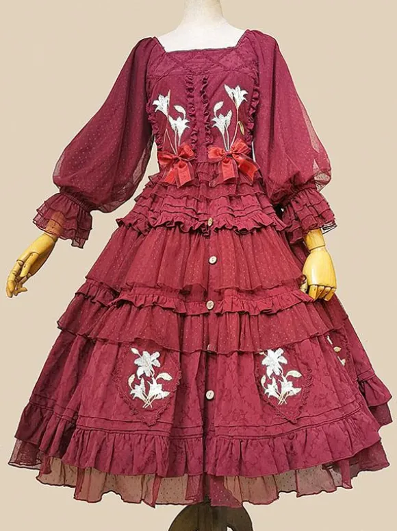Chemisiers Lolita classiques Infanta Bows Lace Long Sleeves Lolita Top Top Floral Print Blue Grey Lolita Shirt