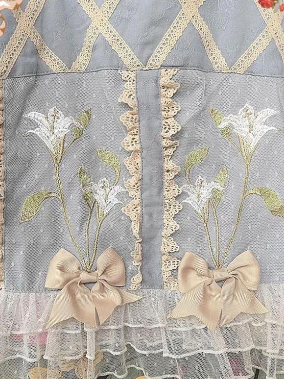 Chemisiers Lolita classiques Infanta Bows Lace Long Sleeves Lolita Top Top Floral Print Blue Grey Lolita Shirt