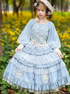 Chemisiers Lolita classiques Infanta Bows Lace Long Sleeves Lolita Top Top Floral Print Blue Grey Lolita Shirt