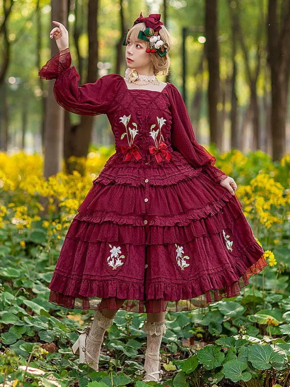 Chemisiers Lolita classiques Infanta Bows Lace Long Sleeves Lolita Top Top Floral Print Blue Grey Lolita Shirt