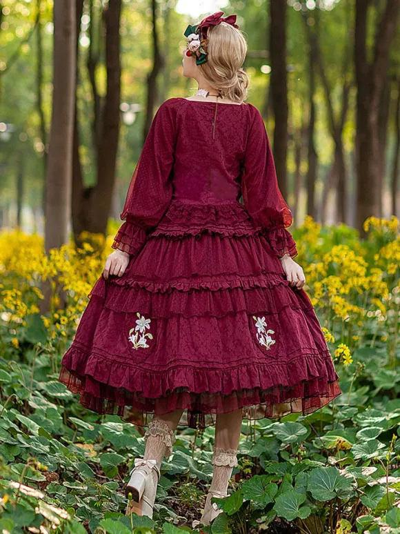 Chemisiers Lolita classiques Infanta Bows Lace Long Sleeves Lolita Top Top Floral Print Blue Grey Lolita Shirt