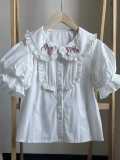 Chemisiers Lolita doux blancs à manches courtes volants et n艙uds haut Lolita chemise Lolita