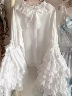 Chemisiers Lolita doux Haut Lolita Volants N艙uds Chemisier à manches longues Chemise Lolita écrue blanche
