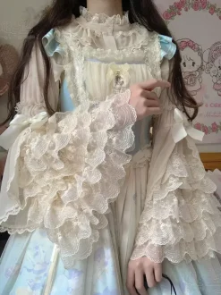 Chemisiers Lolita doux Haut Lolita Volants N艙uds Chemisier à manches longues Chemise Lolita écrue blanche
