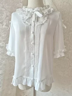 Chemisiers Lolita doux haut Lolita blanc à manches courtes et volants en dentelle chemise Lolita