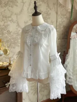 Chemisiers Lolita doux hauts Lolita blancs à manches longues et n艙uds en dentelle chemise Lolita