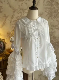 Chemisiers Lolita doux hauts Lolita blancs à manches longues et n艙uds en dentelle chemise Lolita