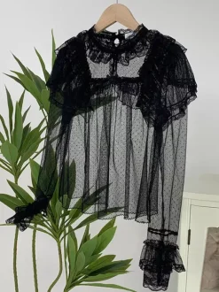 Chemisiers Lolita doux noirs à manches longues et volants haut Lolita à pois