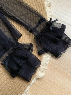 Chemisiers Lolita doux noirs à manches longues et volants haut Lolita à pois
