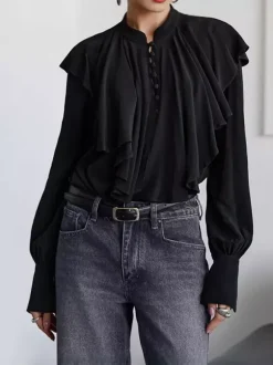 Chemisier vintage à volants pour femme - Haut victorien élégant noir à manches longues et boutons - Idéal pour le printemps et le soir (2026)