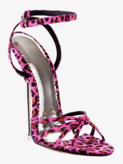 Chic sandales à talons aigus en tissu rose à motif léopard