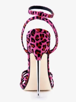 Chic sandales à talons aigus en tissu rose à motif léopard