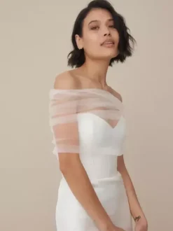 Châles de mariage ivoire à manches longues et col bateau avec boutons en tulle
