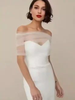 Châles de mariage ivoire à manches longues et col bateau avec boutons en tulle