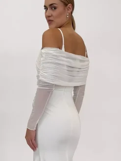 Châles de mariage ivoire à manches longues et col bateau en polyester plissé pour couvrir la mariée