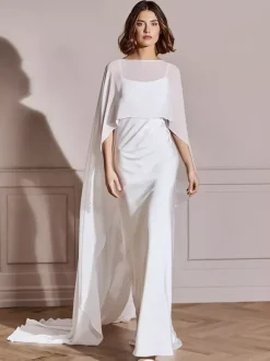 Châles de mariée blancs à manches mi-longues et décolleté conçu en mousseline de soie
