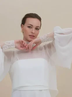 Châles de mariée blancs à manches longues et col bijou manches lanternes mousseline de soie et dentelle