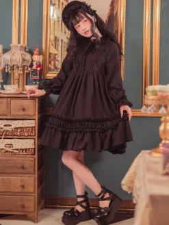 Classique Lolita Une Pièce Robe Couleur Unie à Manches Longues Vintage Déguisements Halloween