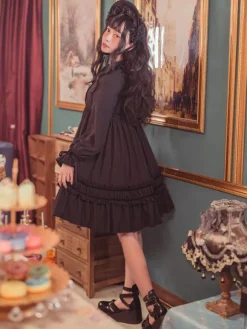 Classique Lolita Une Pièce Robe Couleur Unie à Manches Longues Vintage Déguisements Halloween
