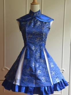 Classique Satin Bleu Qi Robe Lolita jacquard attirante avec lacets douse Déguisements Halloween