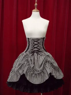 Classique taille haute Jupe Lolita noire élégante luxueuse excellente en coton avec rayure et noeuds Déguisements