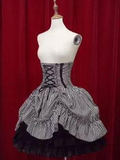 Classique taille haute Jupe Lolita noire élégante luxueuse excellente en coton avec rayure et noeuds Déguisements